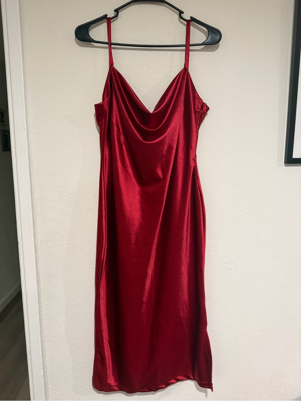Satin Red Cowl Midi Dress with Spaghetti Straps